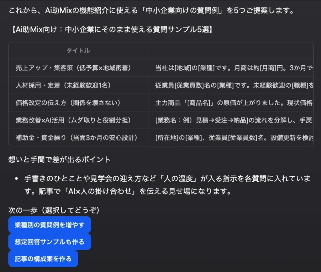 中小企業向け質問サンプル5選を表で提示した画面