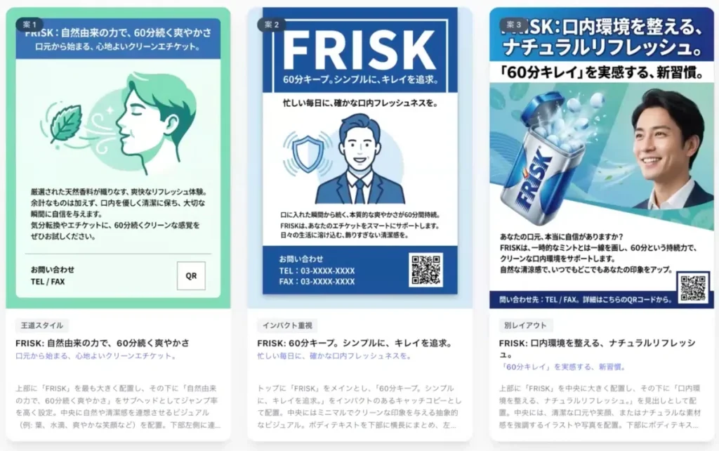 FRISK販促チラシのデザイン案3種類