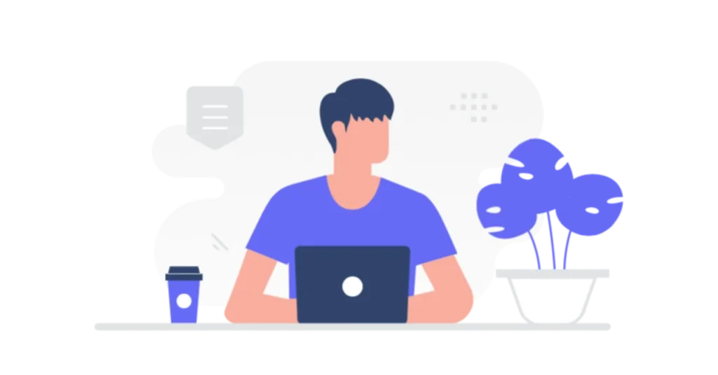 デスクでノートPC作業をする男性のイラスト