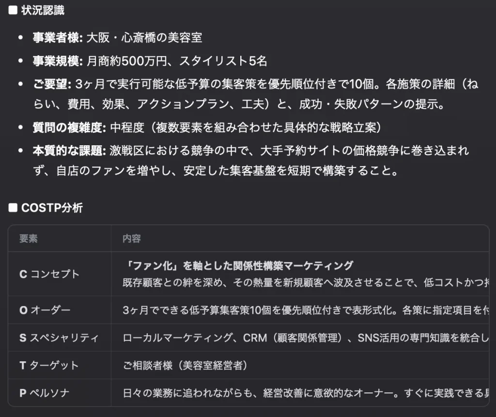 美容室集客の状況認識とCOSTP分析の回答画面