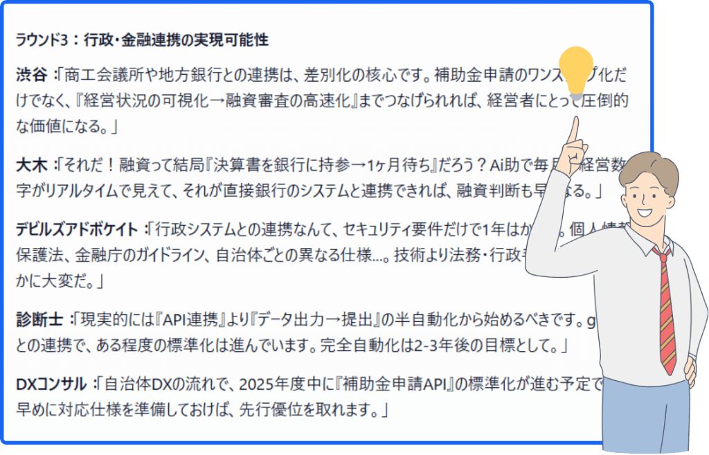 行政・金融連携を議論するAIチャット画面と男性