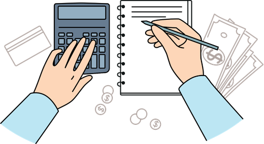 電卓と記帳で会計作業をする手元