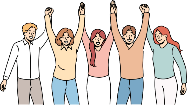 両手を上げて喜ぶ5人のチームのイラスト