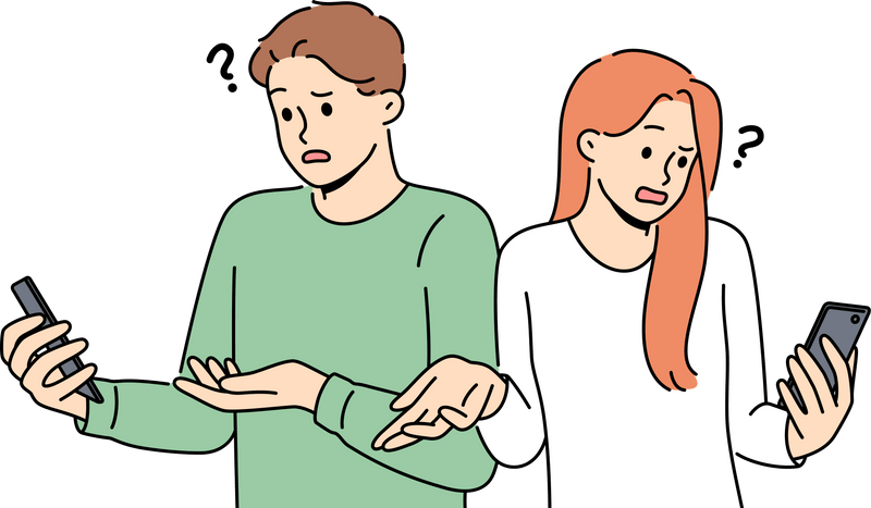 スマホを見て困惑する男女のイラスト