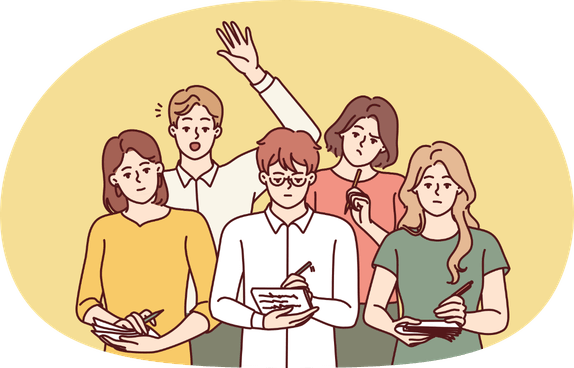 困惑しメモを取る5人のチームのイラスト