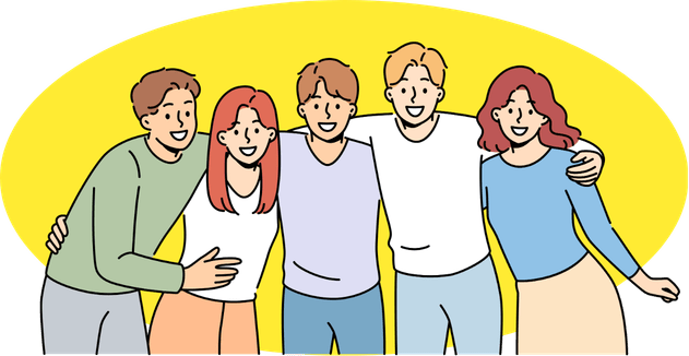 肩を組む5人の仲間のイラスト
