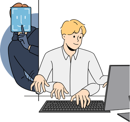 背後に潜むハッカーとPC操作する男性