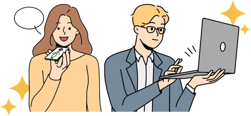 スマホ音声入力する女性とノートPCを操作する男性