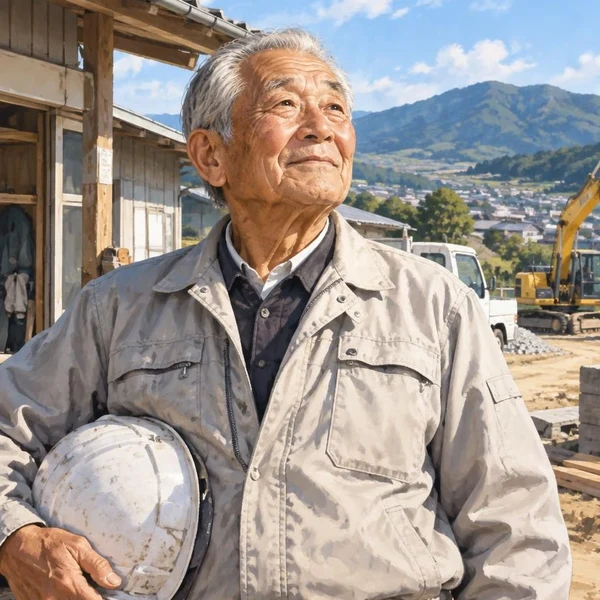 白いヘルメットを抱え、造成中の現場で空を見上げる80代の建設会社の社長